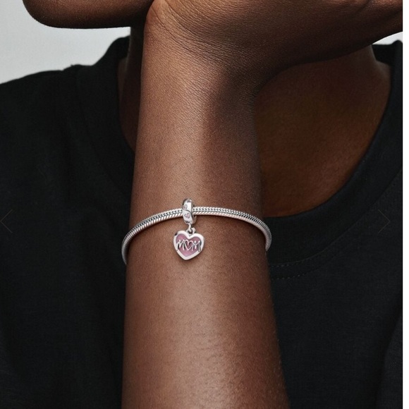 💗BEAUTIFUL PINK DANGLE CHARM W/SILVER MOM SCRIPT-FiITS ALL PANDORA BRACELETS 💗 - Picture 3 of 6